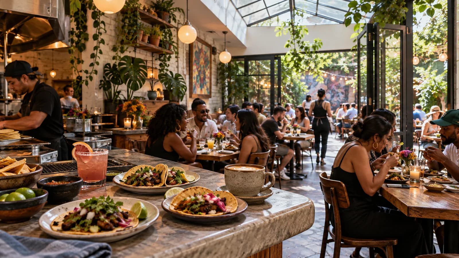 Skylit Bed-Stuy taqueria with tacos, coffee, cocktails and garden seating