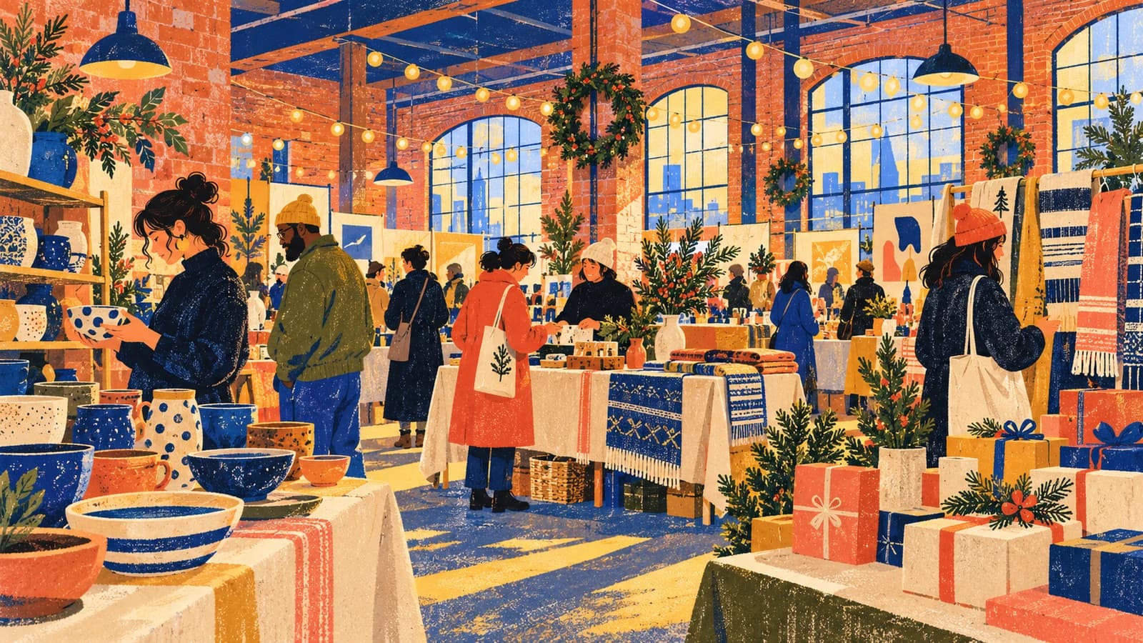 Conceptual illustration of shoppers browsing ceramics and gifts in a brick warehouse holiday market.