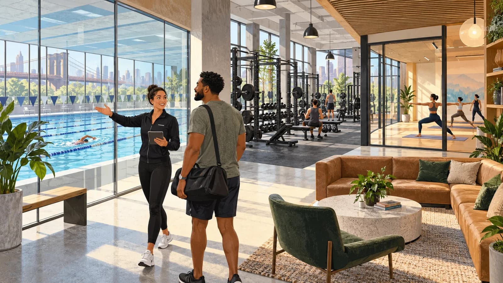 Original editorial illustration of a prospective member touring a Brooklyn fitness center with pool, strength and studio areas.