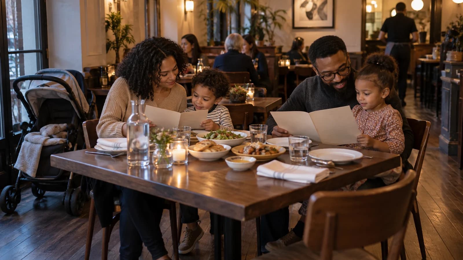 Family with two children reviewing menus at a warm Brooklyn restaurant table with a stroller parked clear of the aisle