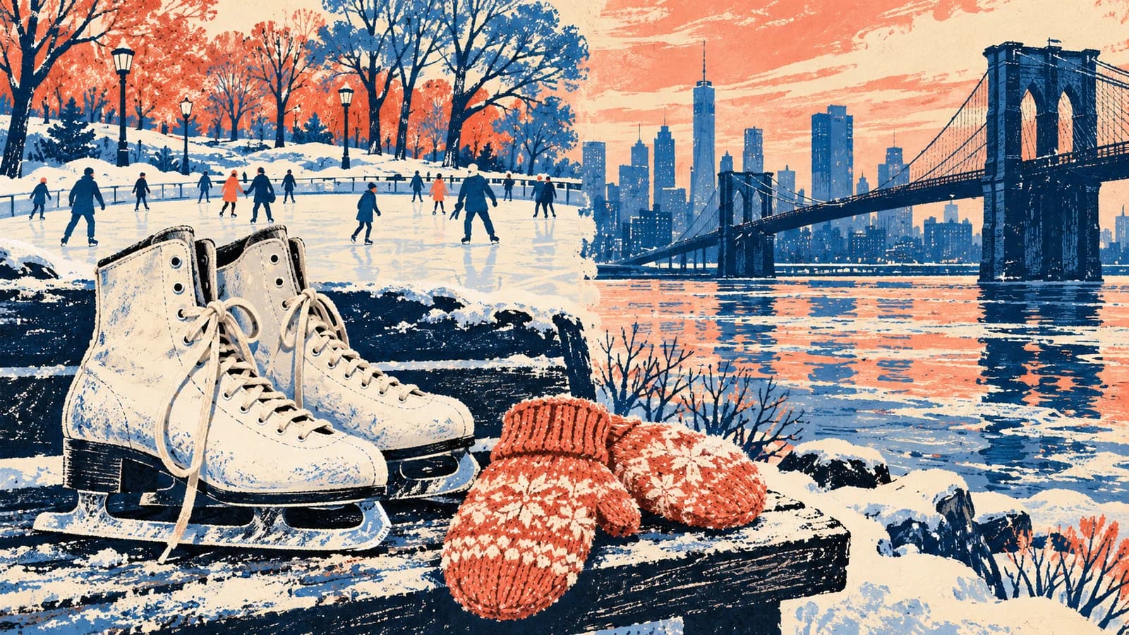 Conceptual illustration of ice skates and mittens with a park rink and Brooklyn Bridge behind them.