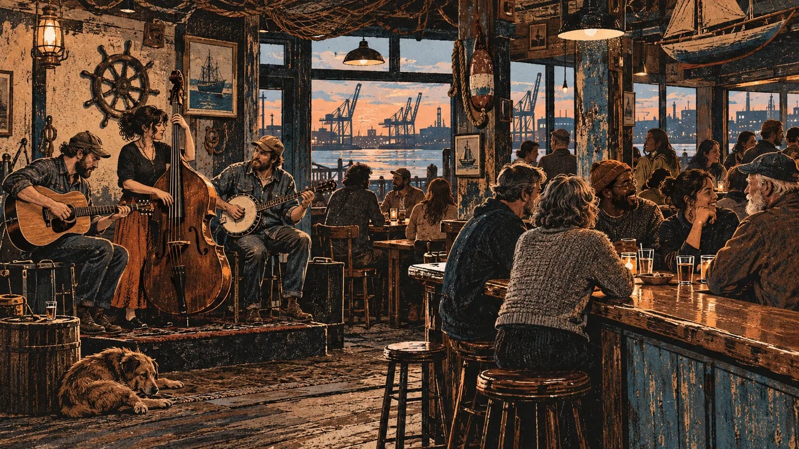 Original editorial illustration of neighbors listening to a small bluegrass trio inside a weathered Red Hook waterfront bar.