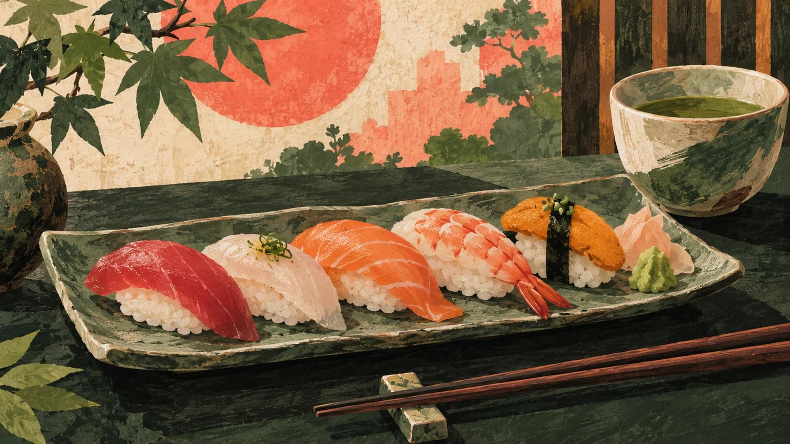 Conceptual editorial illustration for Sushi Katsuei Park Slope; not a documentary depiction of the establishment.