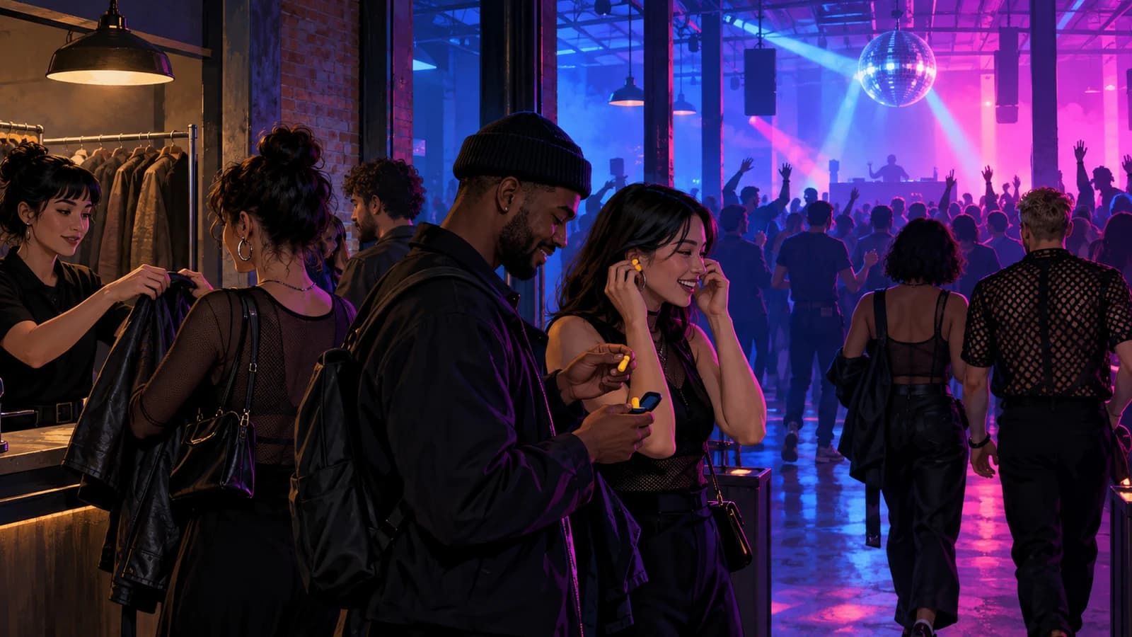 Original editorial scene of adults using coat check and earplugs before entering a Brooklyn dance-music venue