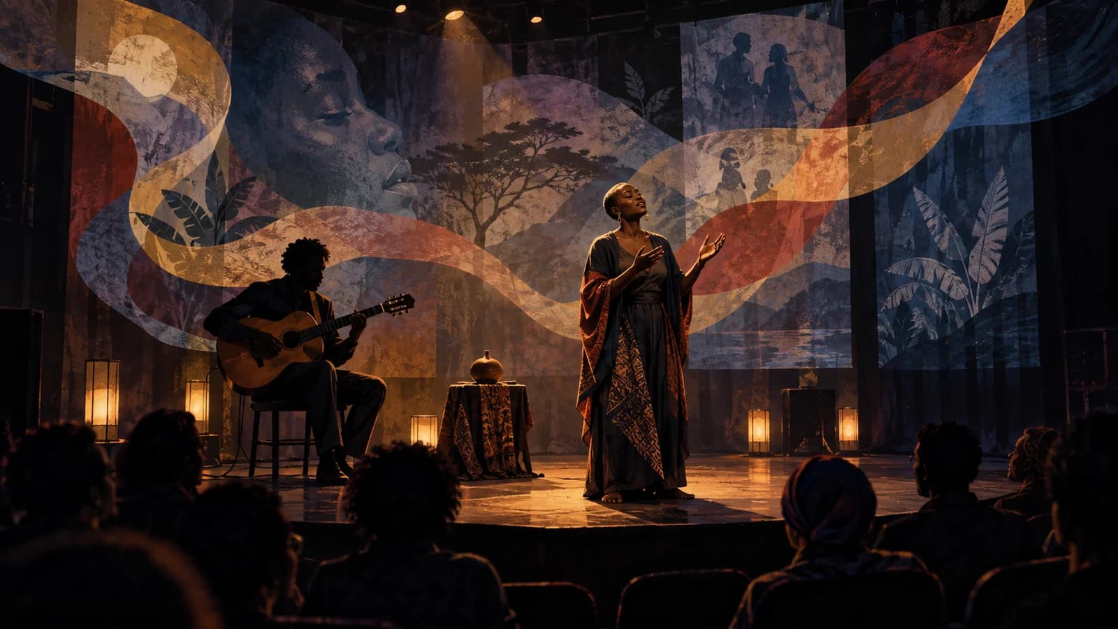 Original editorial illustration of a storyteller and guitarist in a warm black-box performance space with abstract memory projections.
