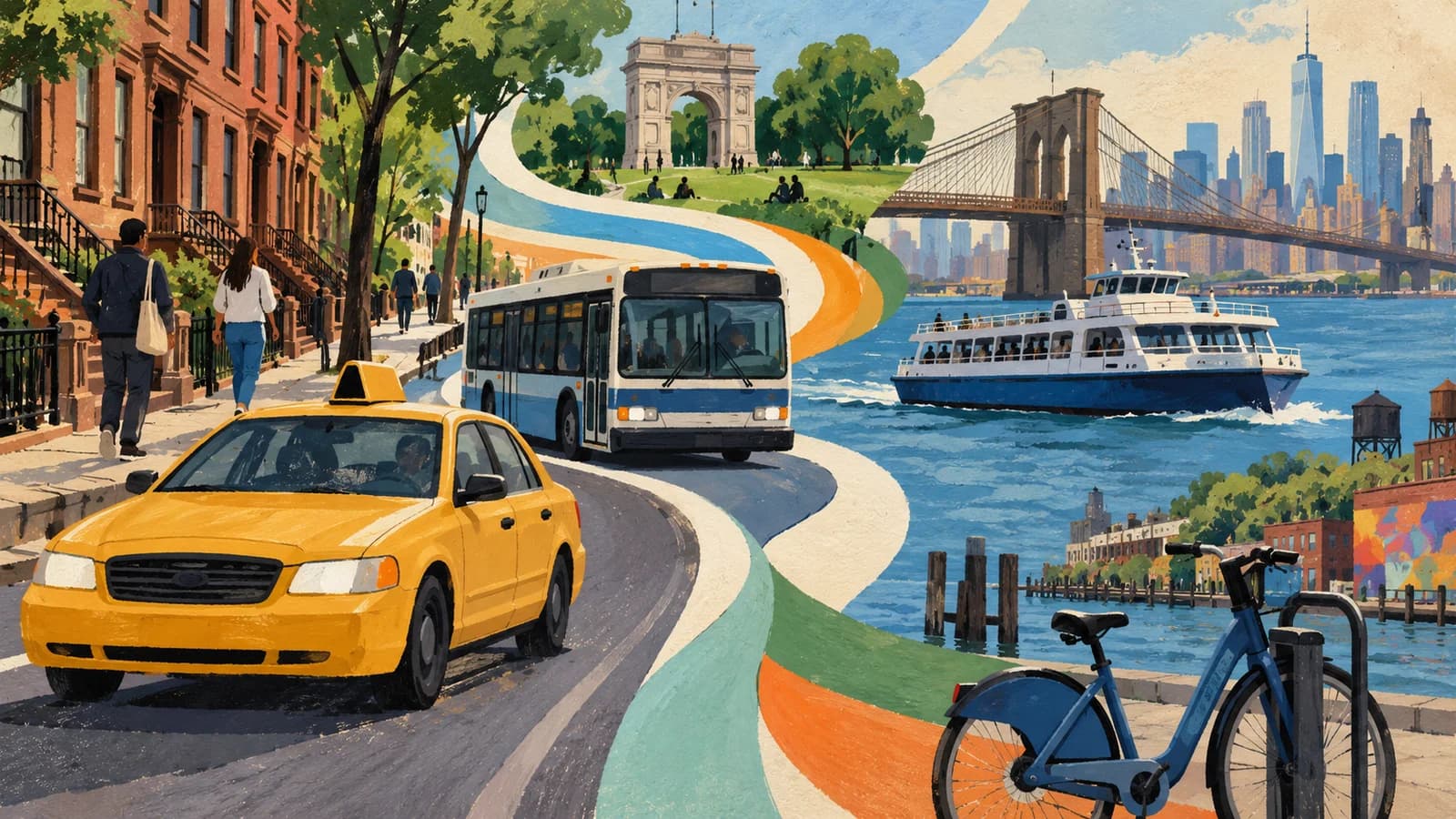 Conceptual editorial illustration for Uber alternatives in Brooklyn; not a photograph or documentary depiction of the venue, service or event.