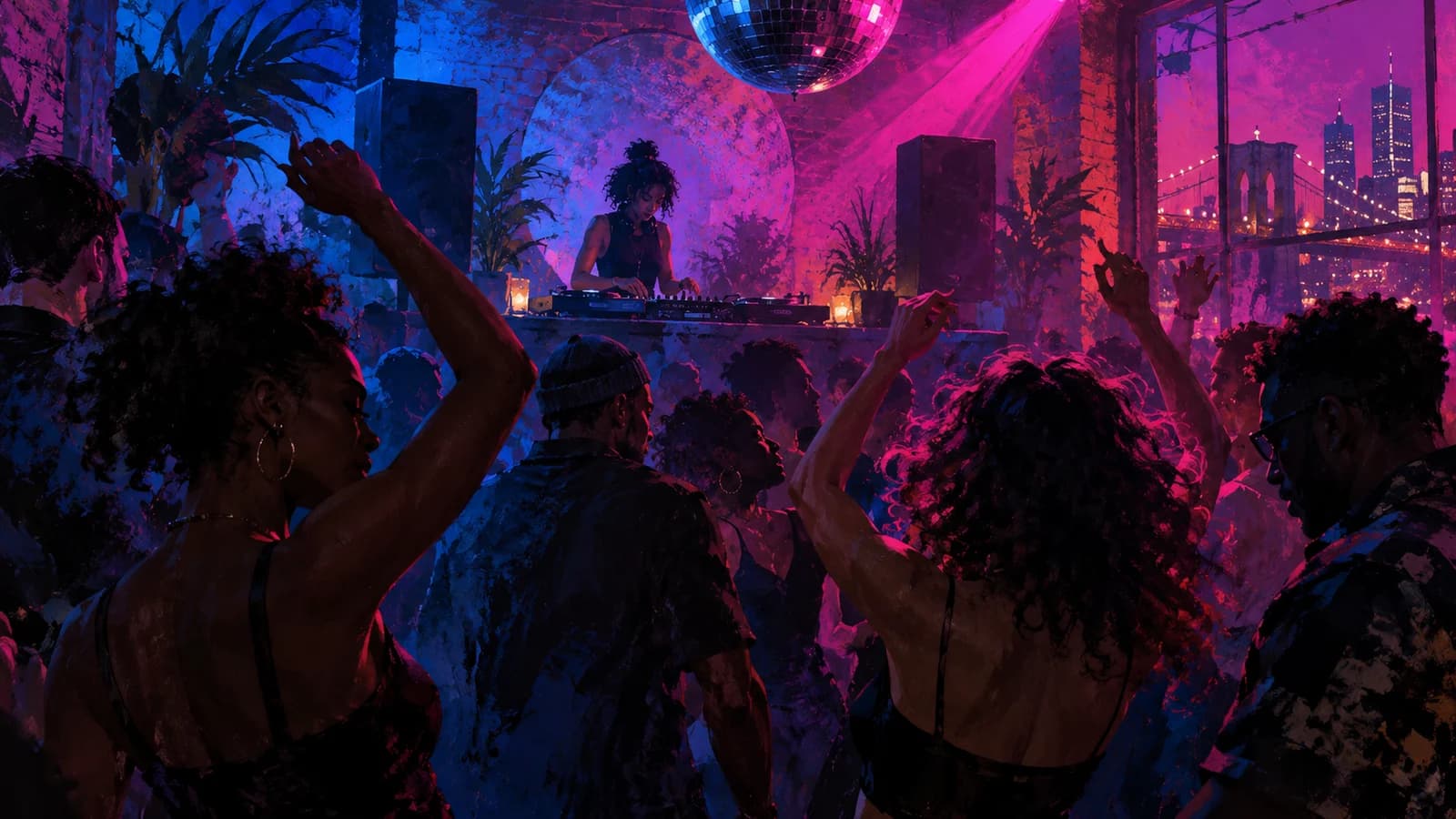 Conceptual editorial illustration of nightclub planning in Brooklyn; not a documentary depiction of the venue.