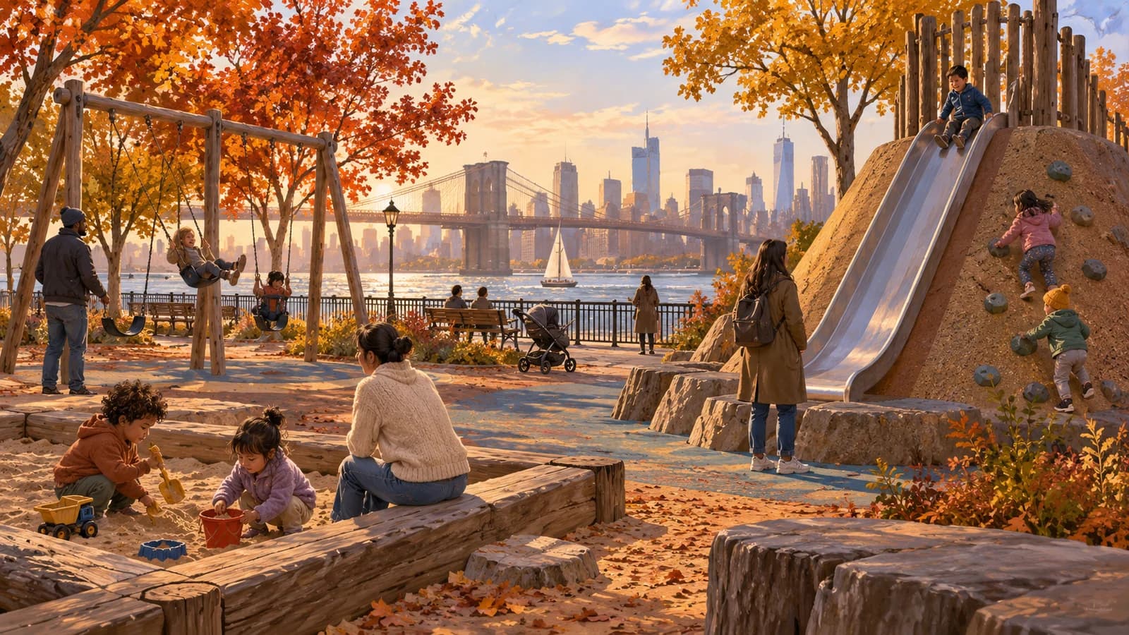 Conceptual editorial illustration of playground planning in Brooklyn; not a documentary depiction of the venue.