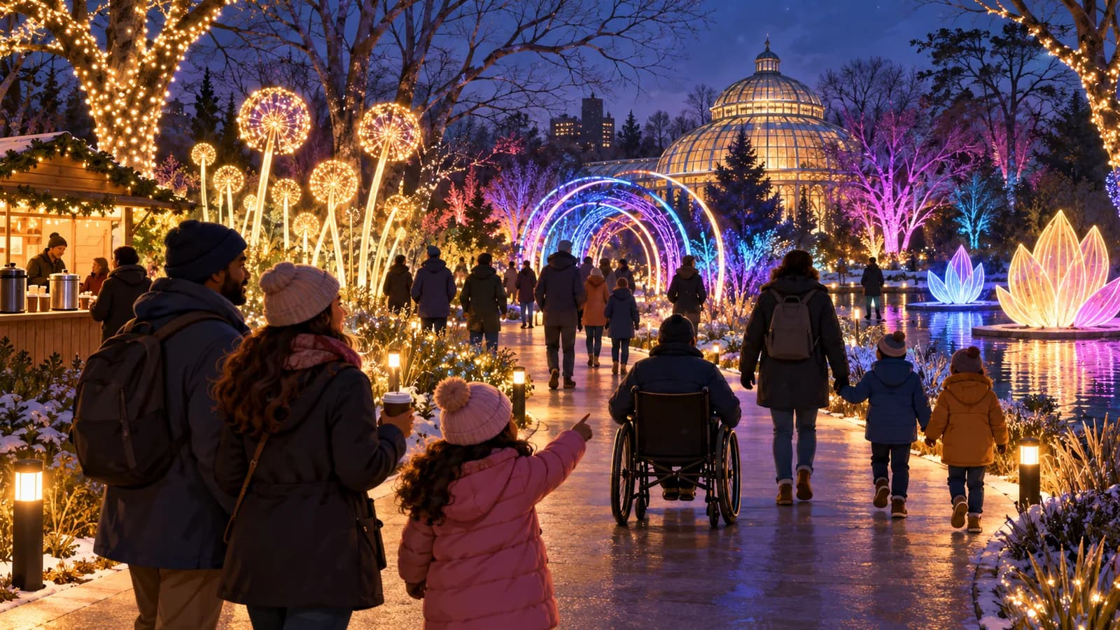 An illustrated winter evening light trail at Brooklyn Botanic Garden with families walking on accessible paths.