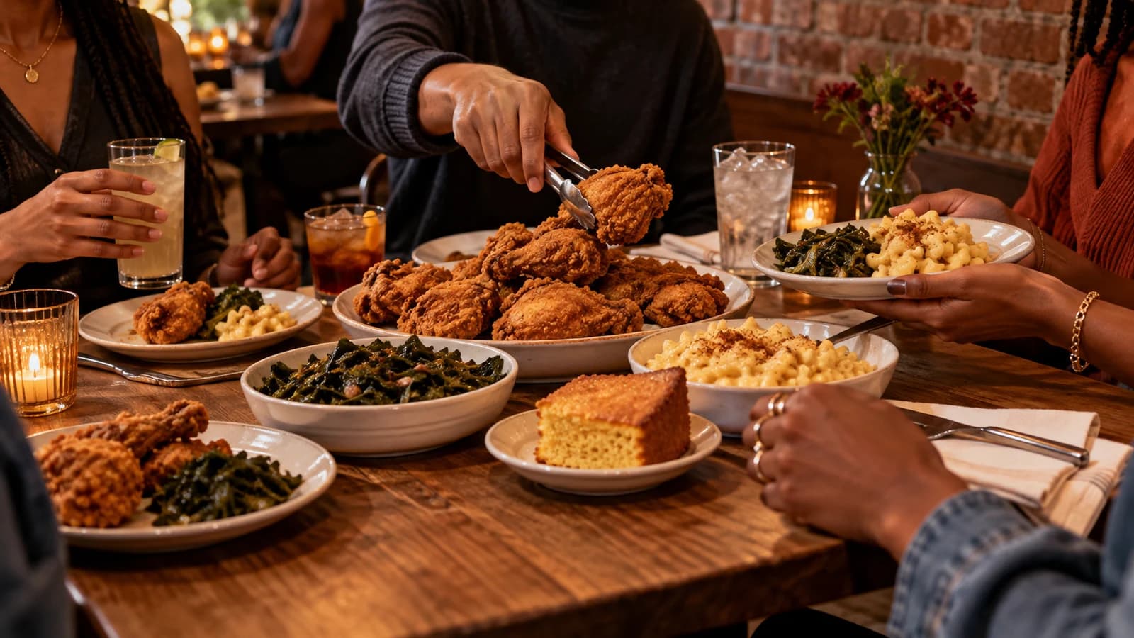 Original editorial image of friends sharing fried chicken, collard greens, macaroni and cheese and cornbread at a warm neighborhood restaurant