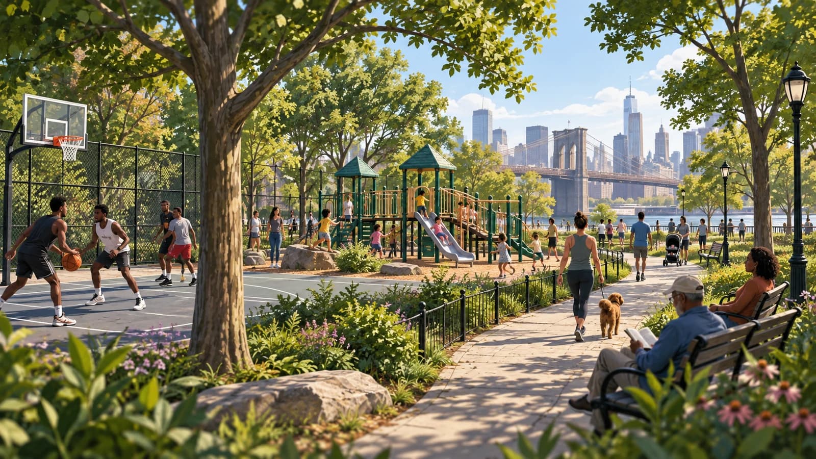 Original editorial scene showing basketball, play, walking and rest in a busy Brooklyn community park