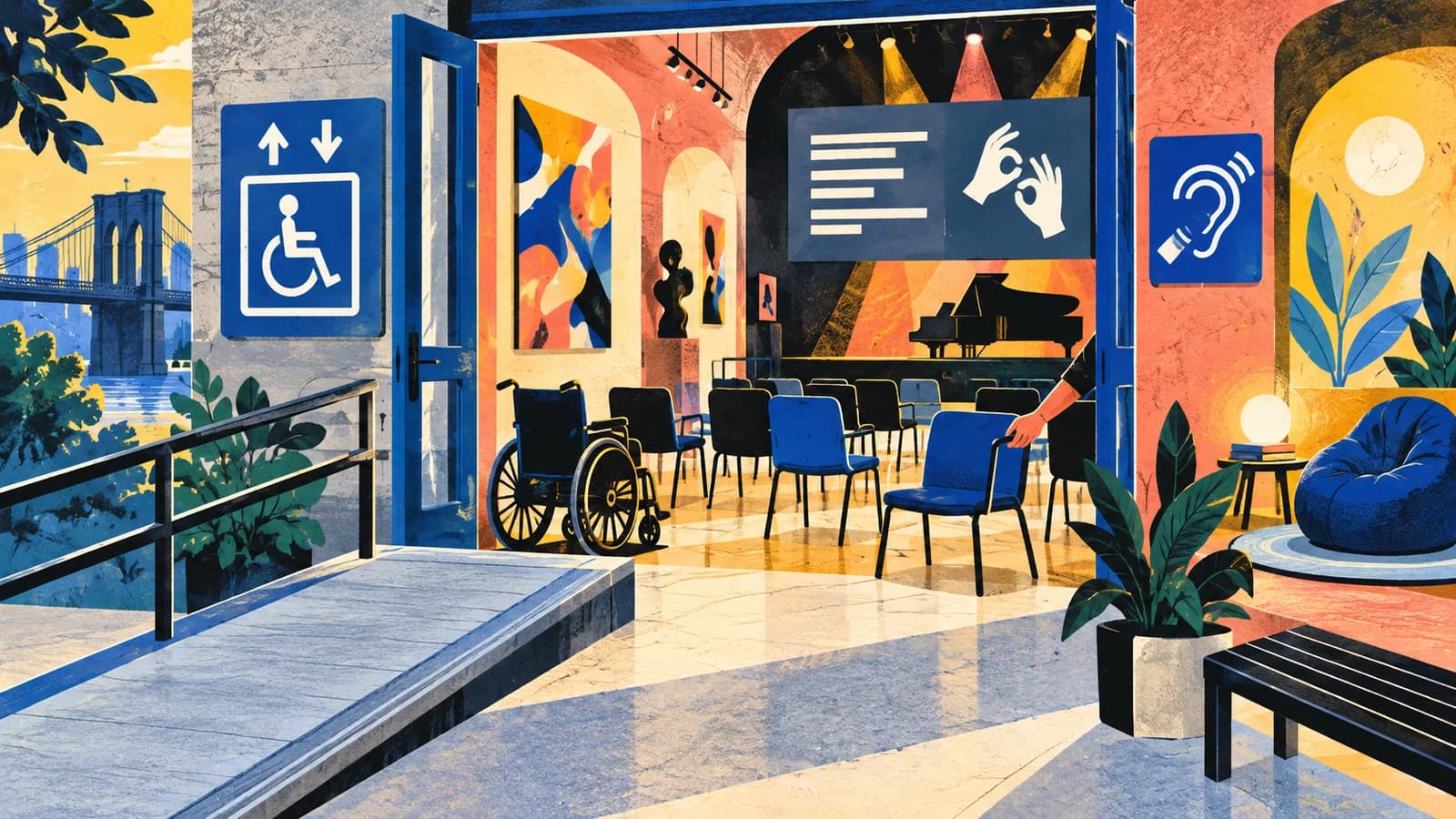 Editorial illustration of a ramped cultural venue with wheelchair seating, captioning, hearing and quiet-space symbols