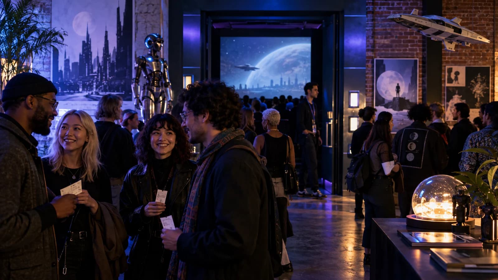 Independent science-fiction film fans gathering in a futuristic Brooklyn cinema lobby