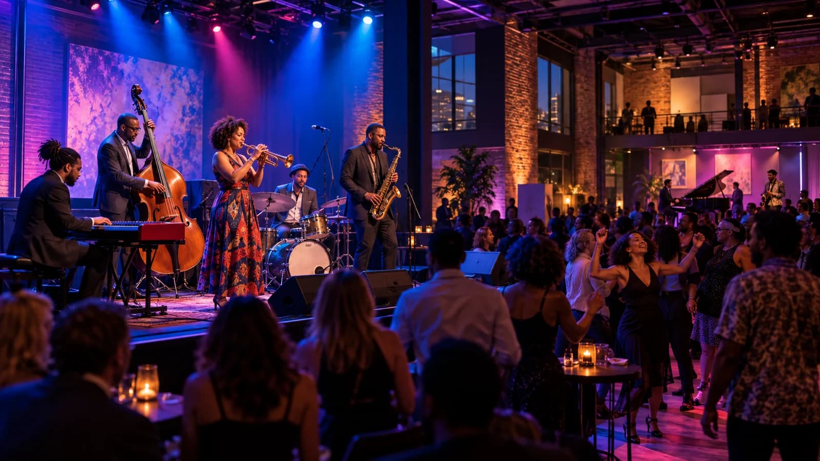 Jazz ensemble performing as an audience listens and dances inside a Downtown Brooklyn arts venue