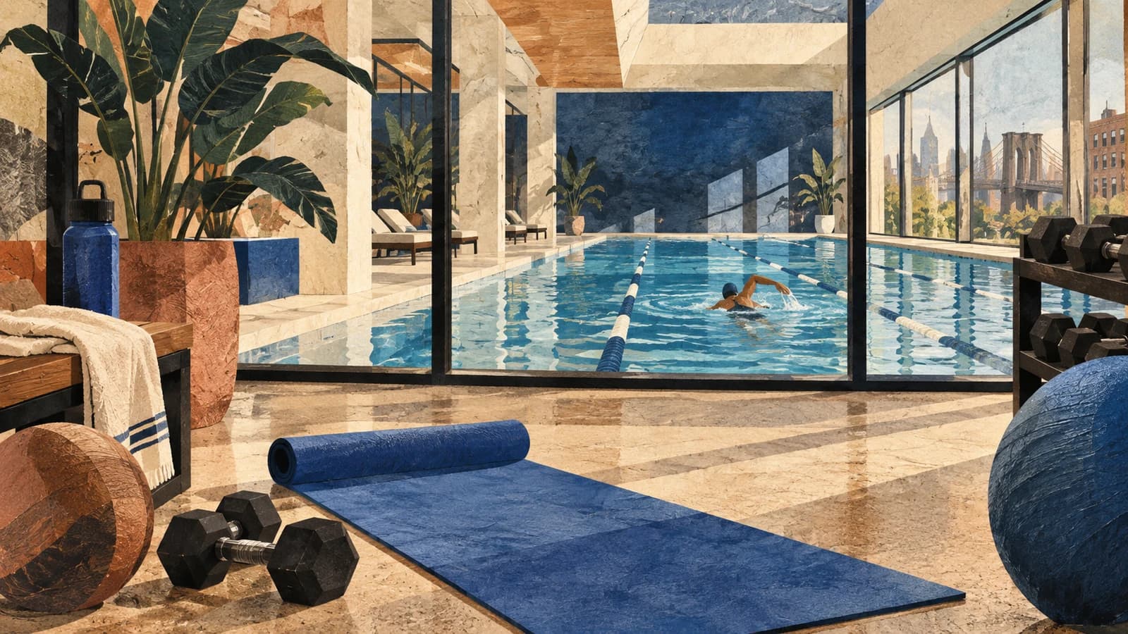 Conceptual editorial illustration of fitness center planning in Brooklyn; not a documentary depiction of Dodge YMCA.