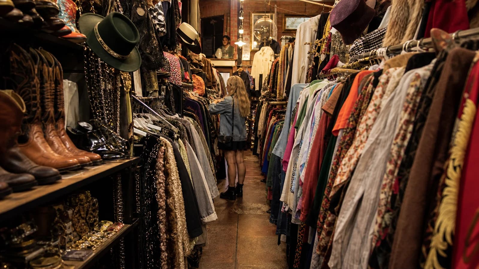 Narrow aisle packed with colorful vintage clothing, boots, hats, and accessories in Williamsburg