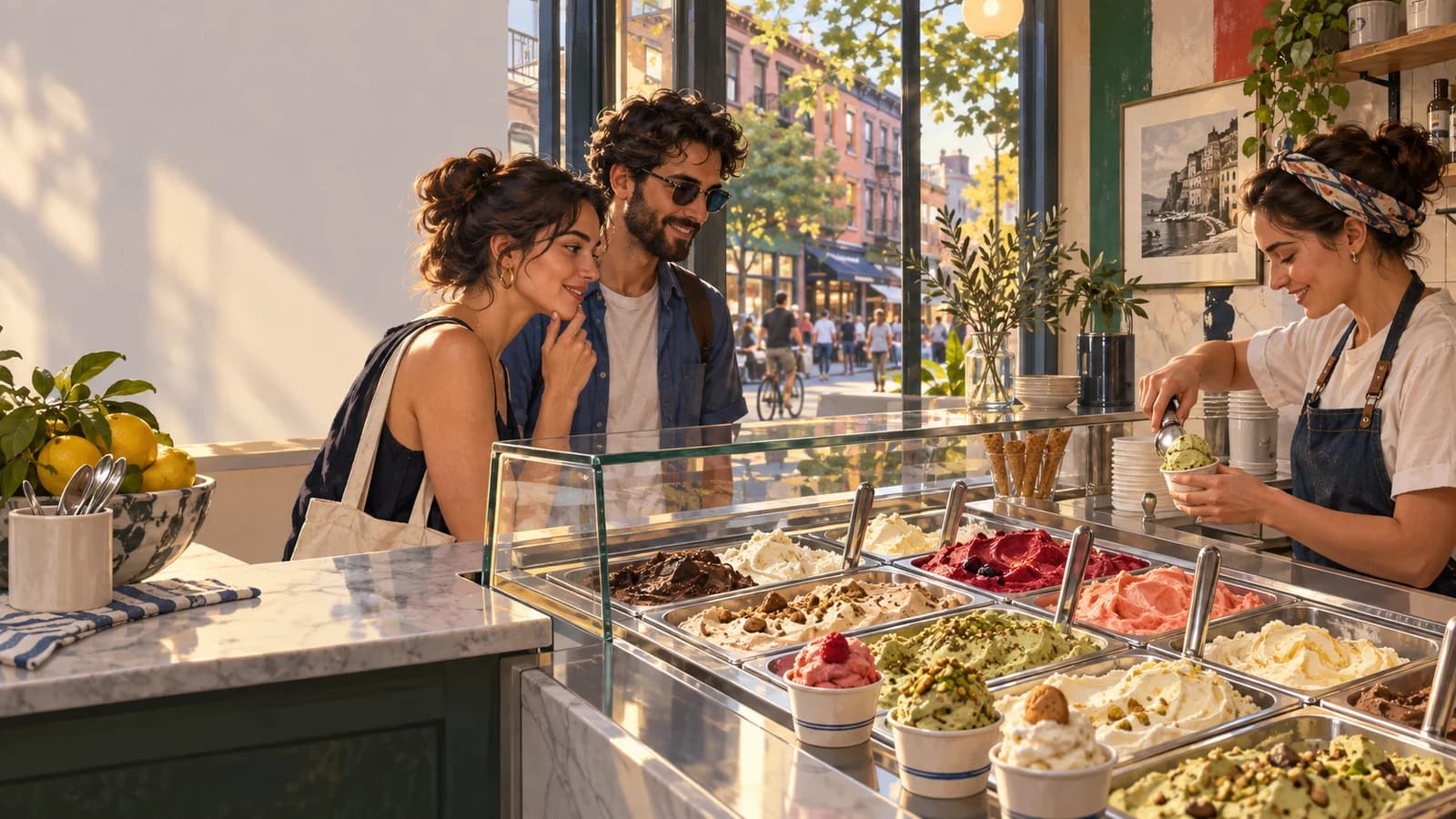 Customers choosing gelato and fruit sorbet at a bright Italian-style scoop counter in Williamsburg