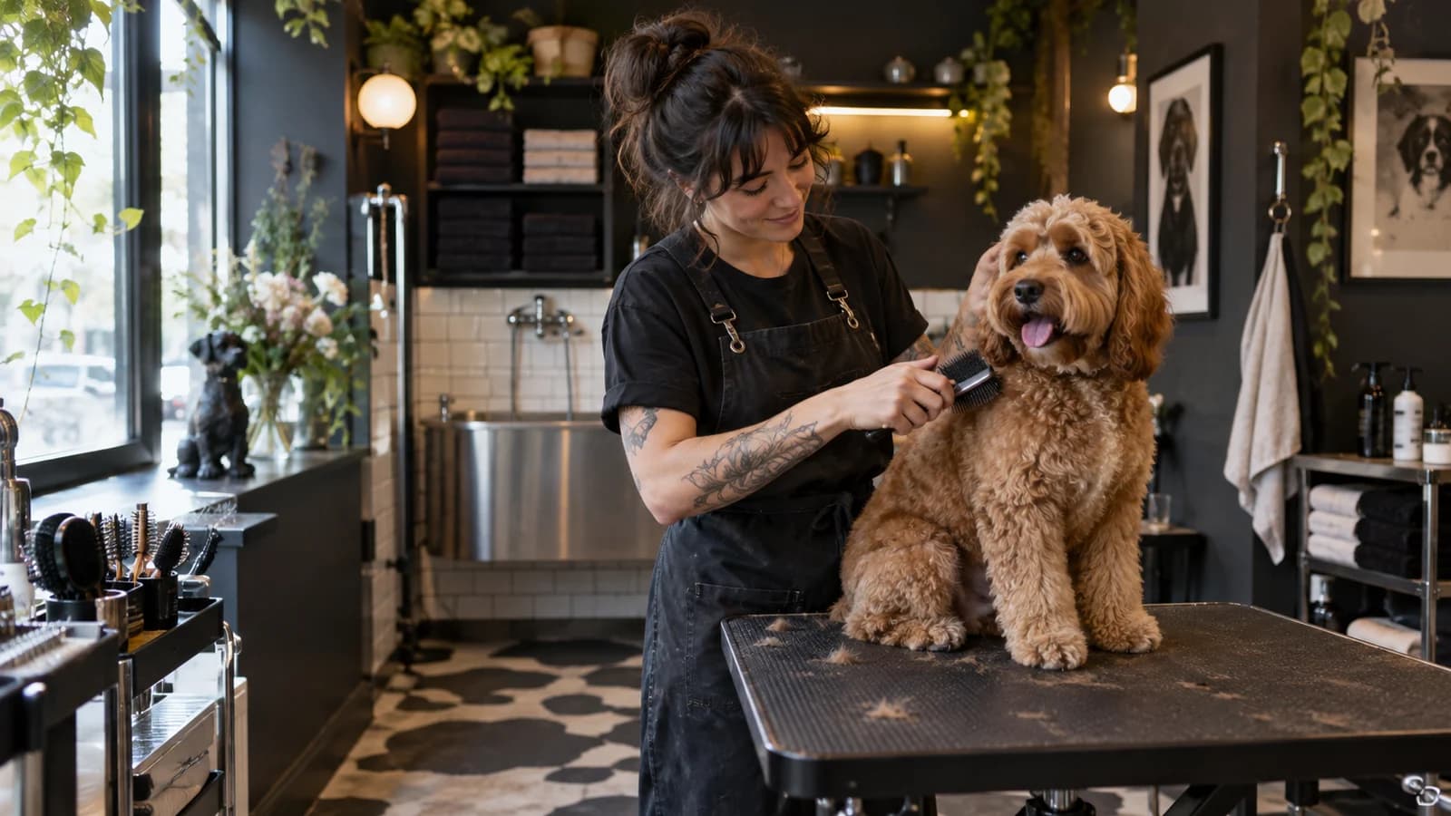 Original editorial image of a groomer brushing a curly dog in a compact Greenpoint pet salon