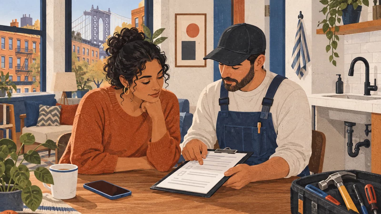 Brooklyn resident and generic repair professional reviewing a written work scope beside organized tools