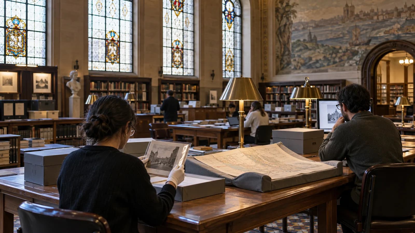 Original editorial scene of researchers comparing an archival photograph and map in a historic Brooklyn reading room