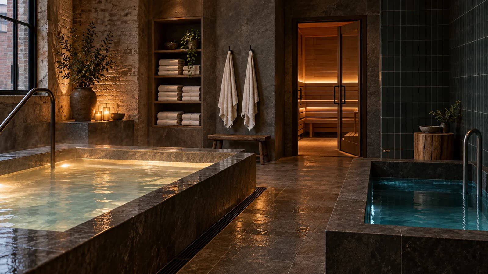A modern Williamsburg thermal spa with warm pool, cold plunge, sauna doorway and folded towels