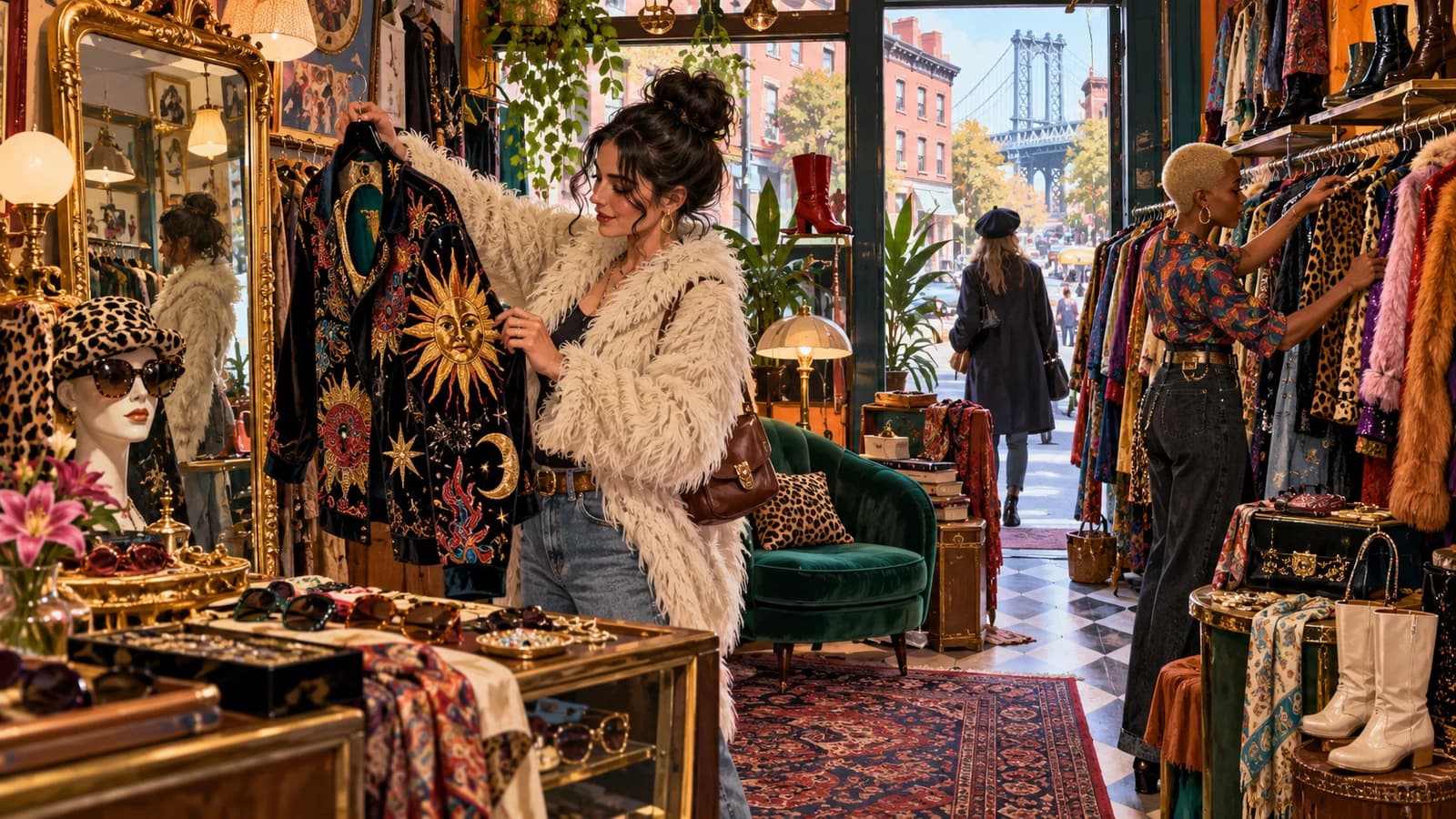 Illustration of shoppers browsing colorful vintage jackets, accessories and mirrors in a Williamsburg boutique.