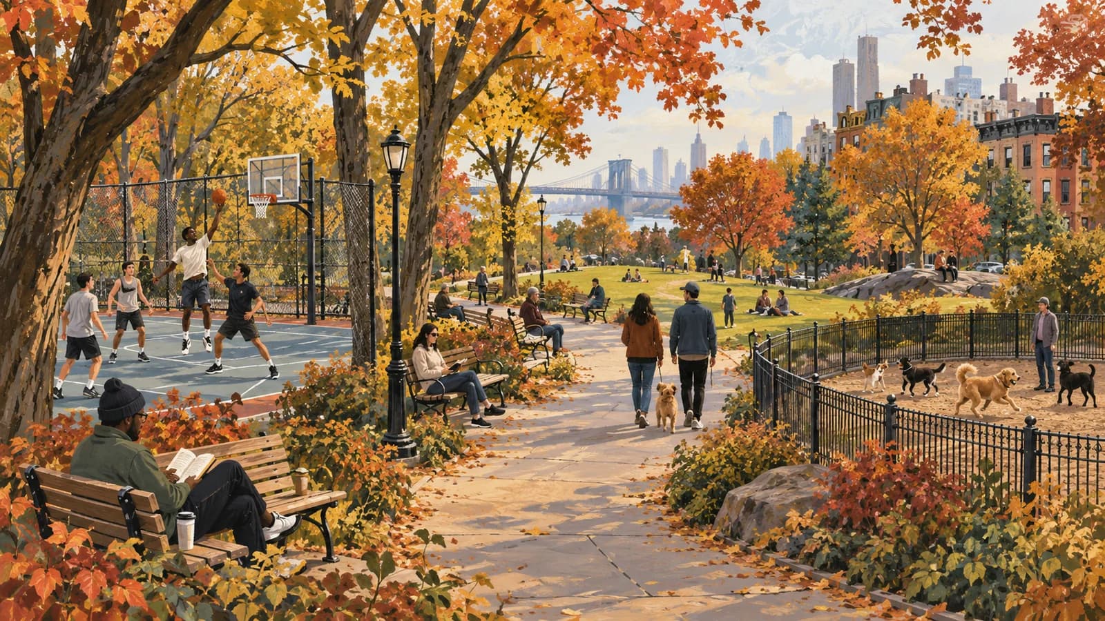 Conceptual editorial illustration of park planning in Brooklyn; not a documentary depiction of the venue.