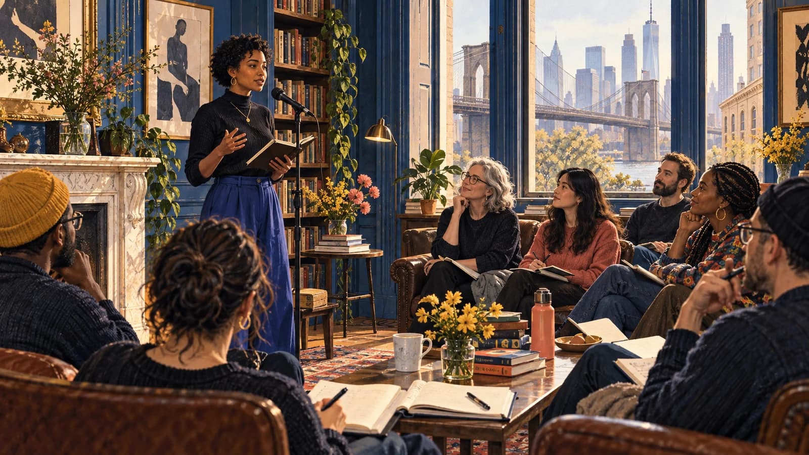 A poet reading to an attentive audience during an intimate Brooklyn Heights literary festival
