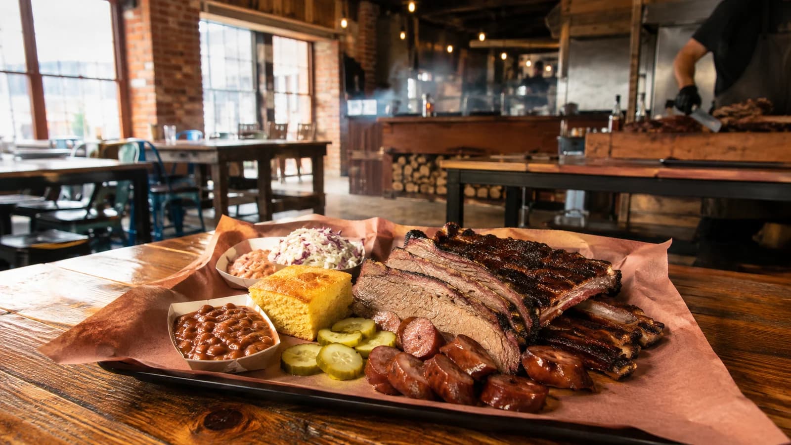 Smoked brisket, ribs, sausage, cornbread, pickles, slaw, and beans on butcher paper in a Red Hook barbecue hall