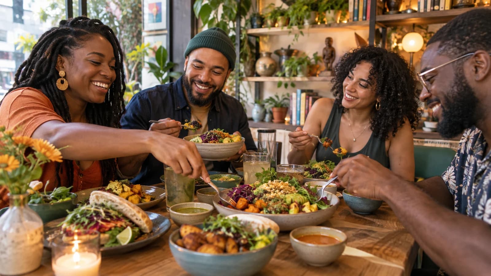 Original editorial scene of friends sharing a colorful plant-based Caribbean meal in a Brooklyn cafe