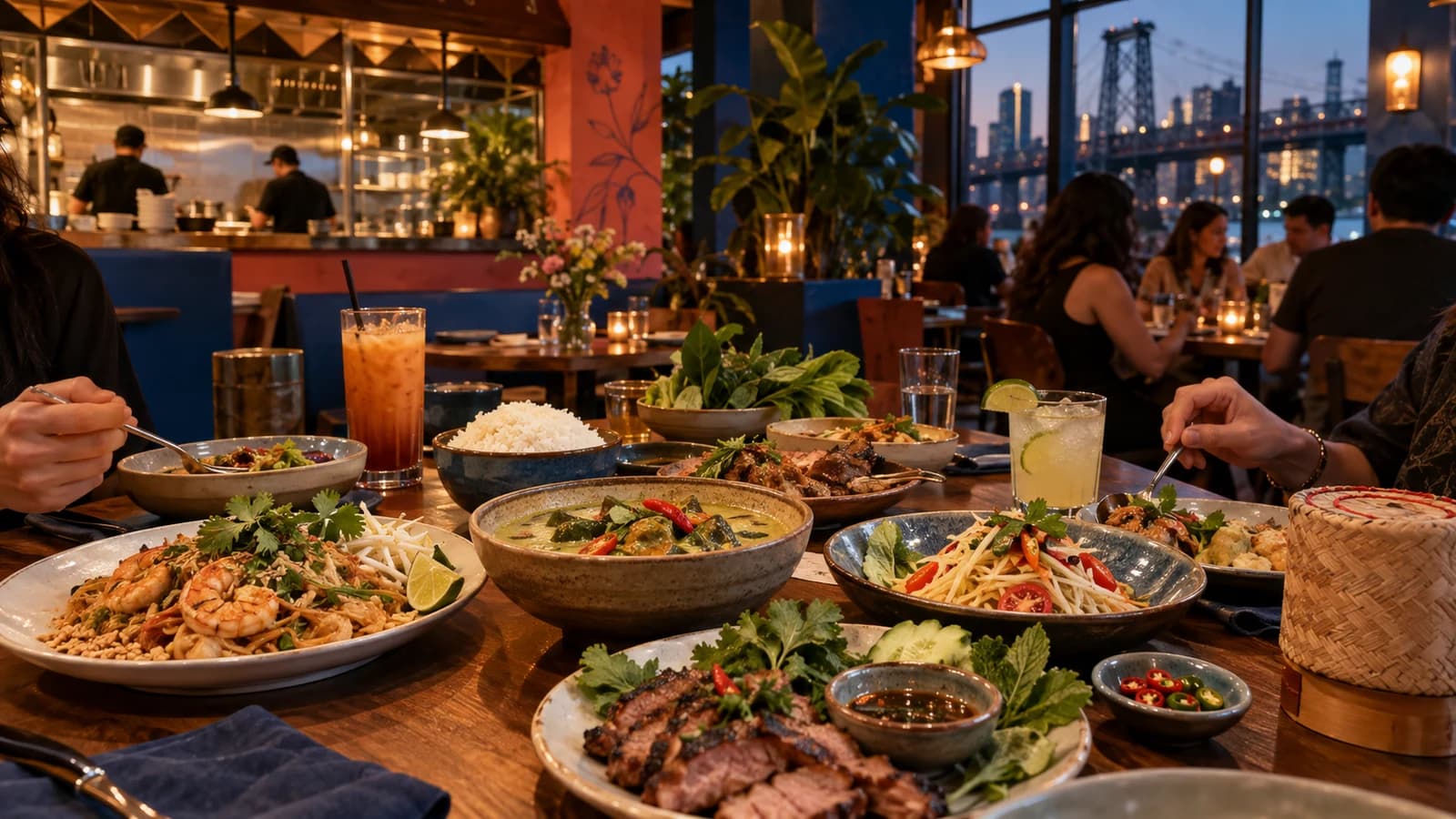 Original editorial illustration of a shared regional Thai dinner in a warm contemporary Williamsburg dining room