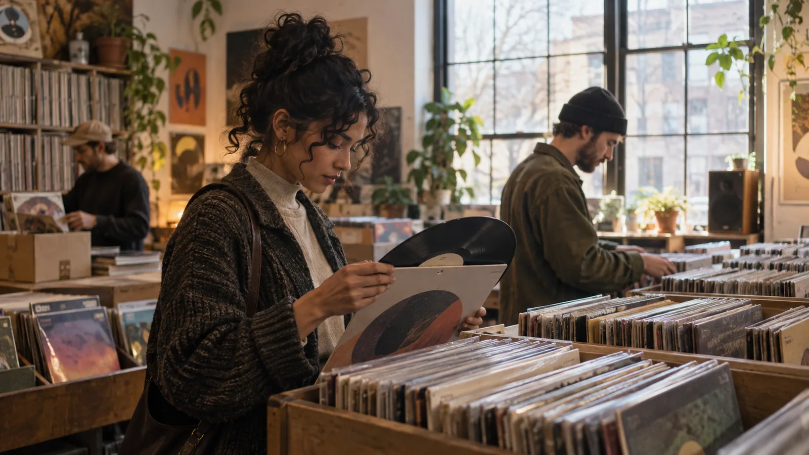 Original editorial scene of a shopper inspecting used vinyl while others browse an independent Brooklyn record store
