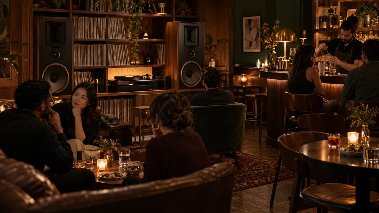 Original editorial scene of adults listening to records over small plates and drinks in a warm neighborhood bar