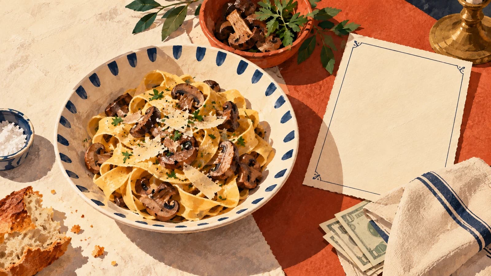 Conceptual editorial illustration: mushroom pasta and cash on a supper table