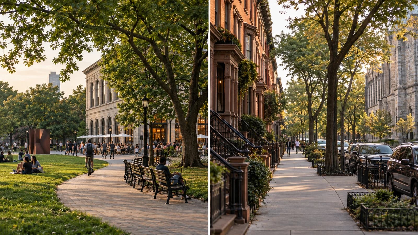 Balanced split editorial scene pairing a park and cultural district with a calm brownstone avenue