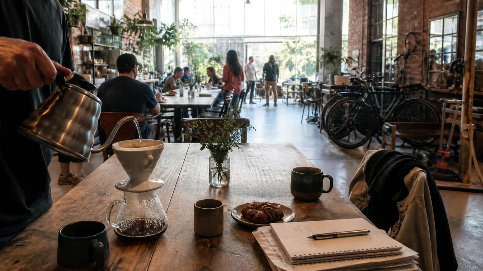 Community coffeehouse with pour-over service, communal tables, plants, and bicycles