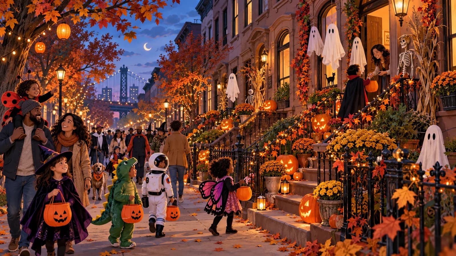 Editorial illustration of families trick-or-treating along decorated Brooklyn brownstone stoops at twilight.