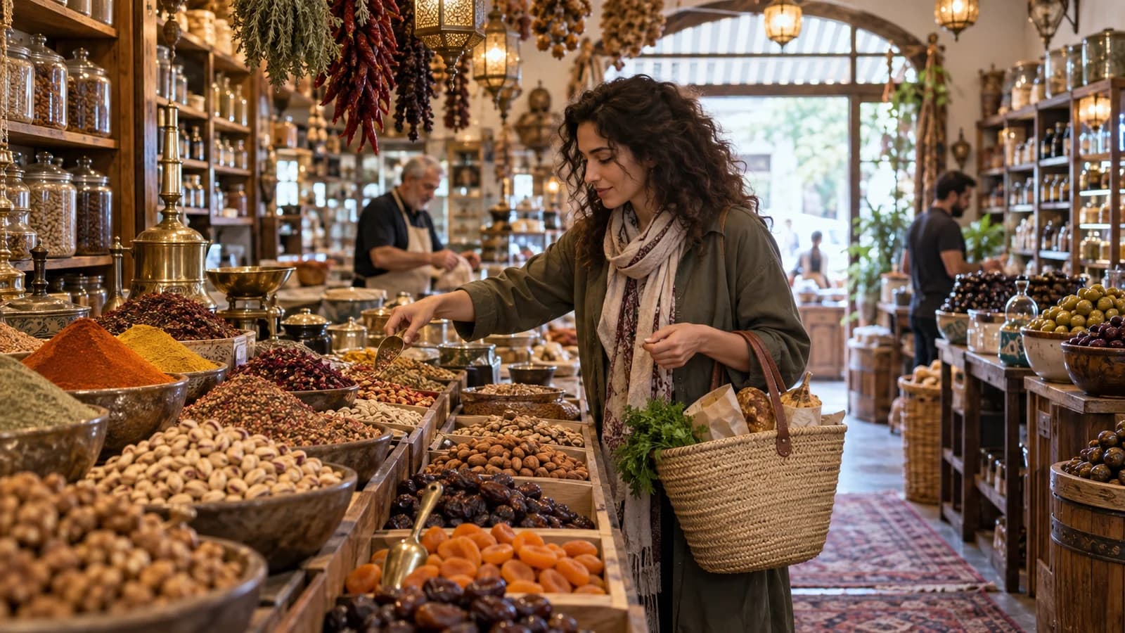Original editorial scene of a shopper choosing spices, nuts and dried fruit in a warm old-world specialty market