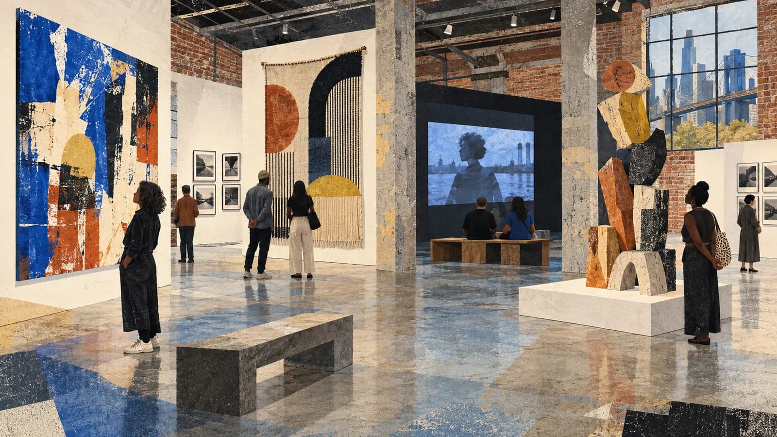 Original editorial collage illustration of visitors viewing painting, textile, sculpture, photography and video in a Brooklyn gallery.