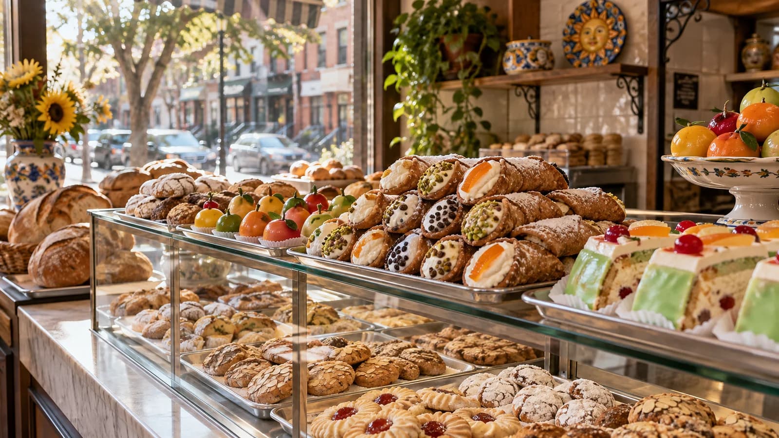 Original editorial image of a colorful Sicilian pastry counter inspired by a Bensonhurst bakery visit