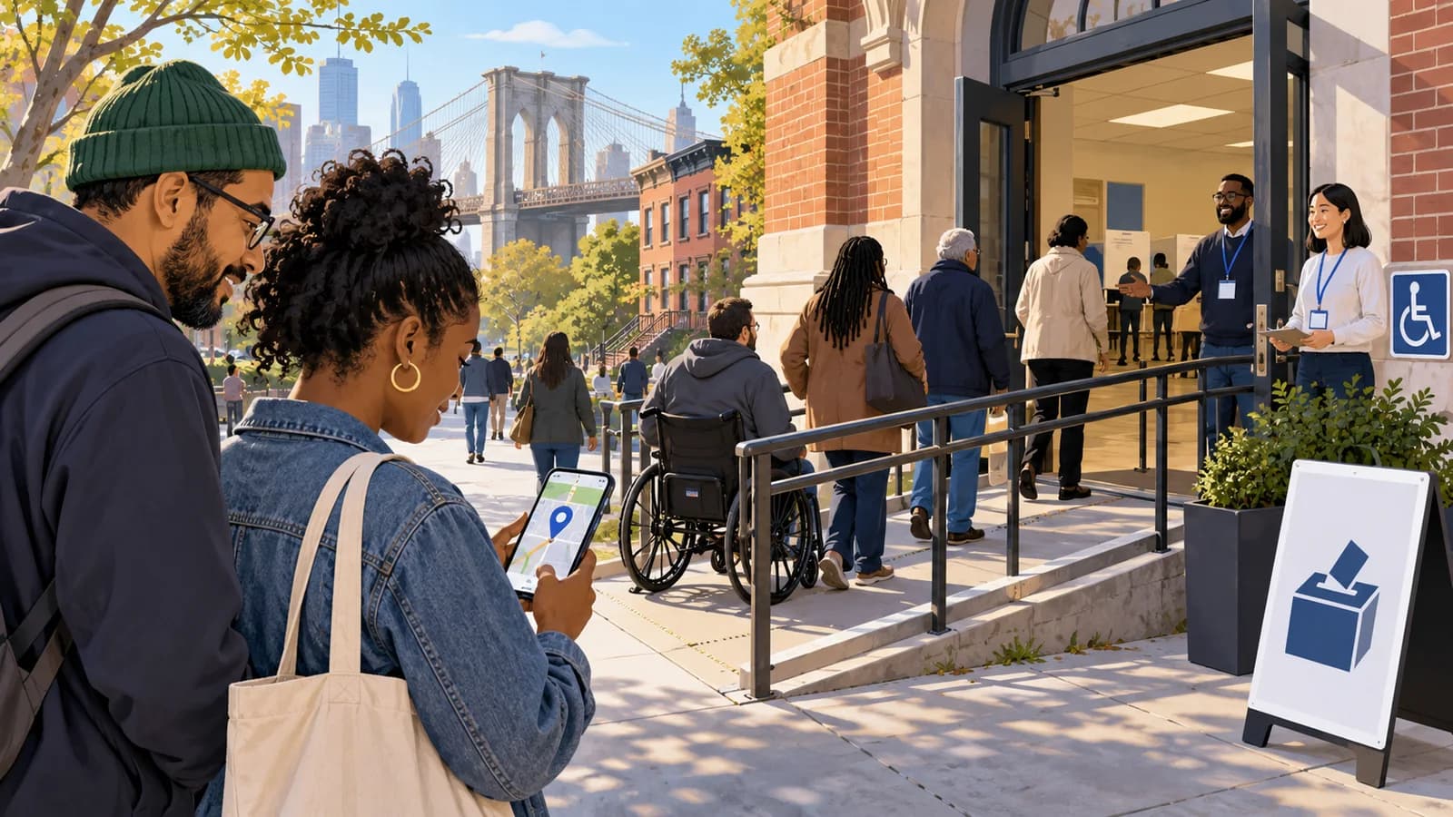 Nonpartisan editorial illustration of Brooklyn voters using a poll-site locator outside an accessible neighborhood polling place.