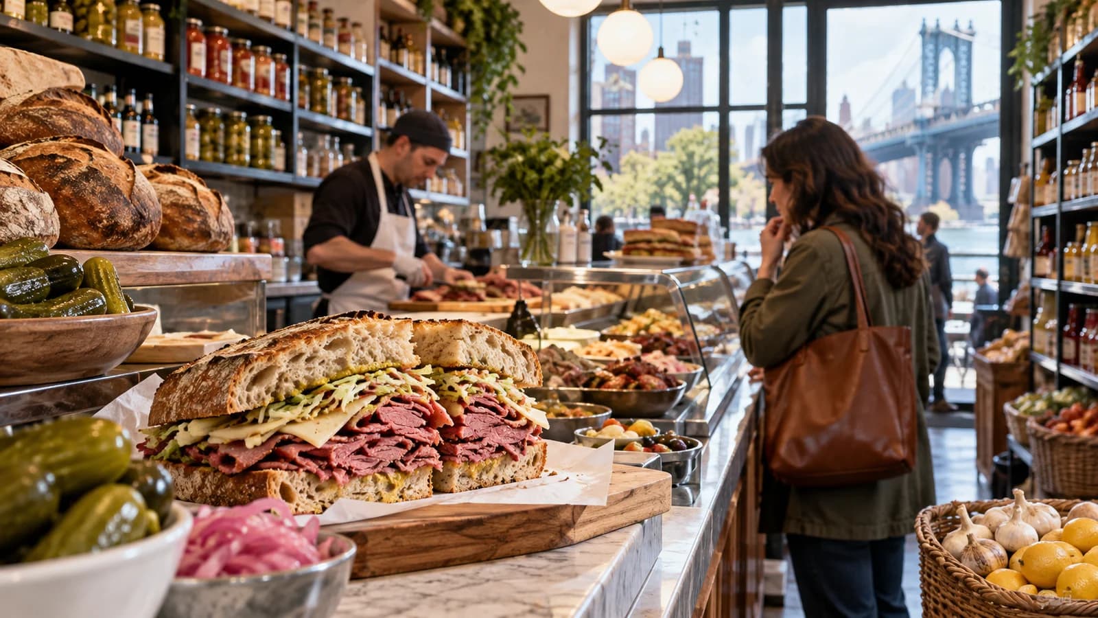 Original editorial scene of a layered deli sandwich at a Brooklyn specialty grocery counter