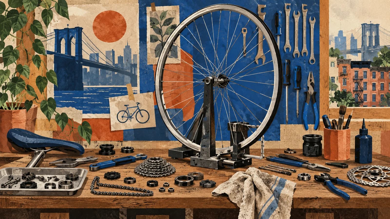 Conceptual editorial illustration of local service provider planning in Brooklyn; not a documentary depiction of Bicycle Station.
