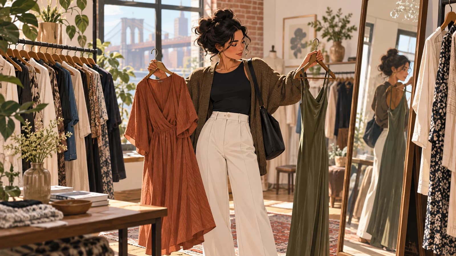 Original editorial scene of a shopper comparing garment fabric, silhouette and fit in an independent Brooklyn boutique