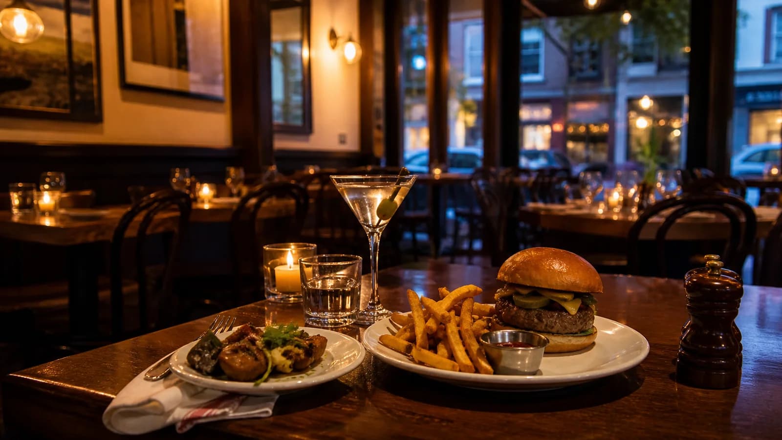 Warm neighborhood bistro table with a burger, fries, martini, and softly lit dining room