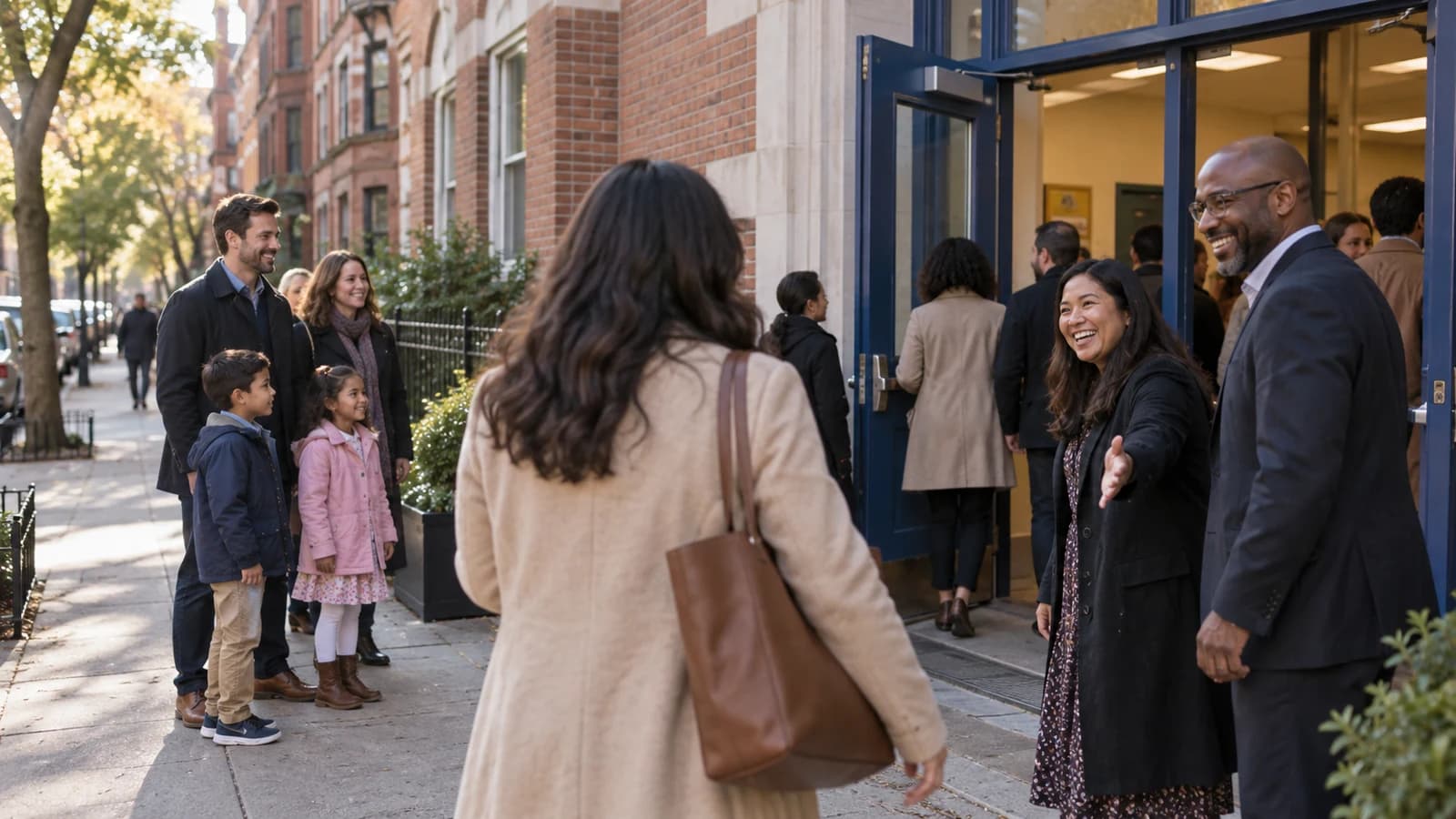 Original editorial scene of a first-time guest arriving respectfully for Sunday worship at a Brooklyn school