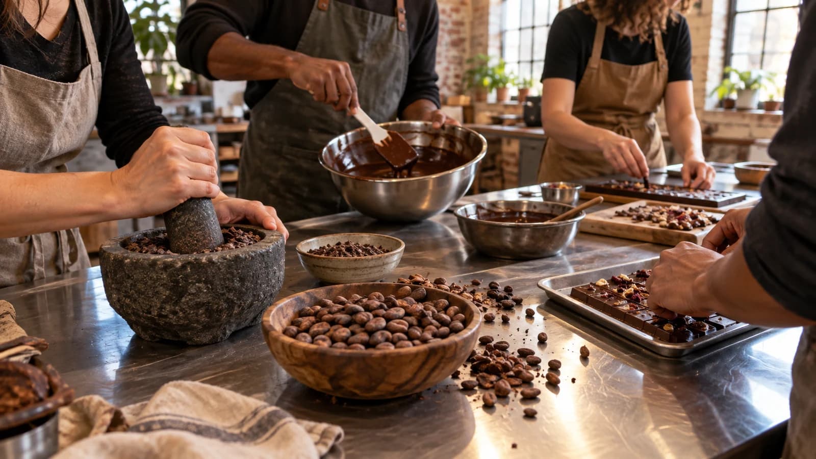 Original editorial scene of adults grinding cacao and making chocolate around a shared workshop table