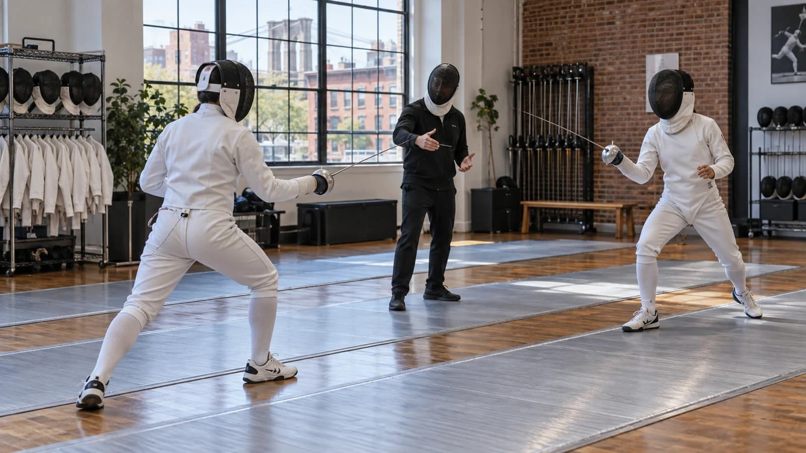 Original editorial scene of two fully protected beginner fencers practicing footwork with an instructor