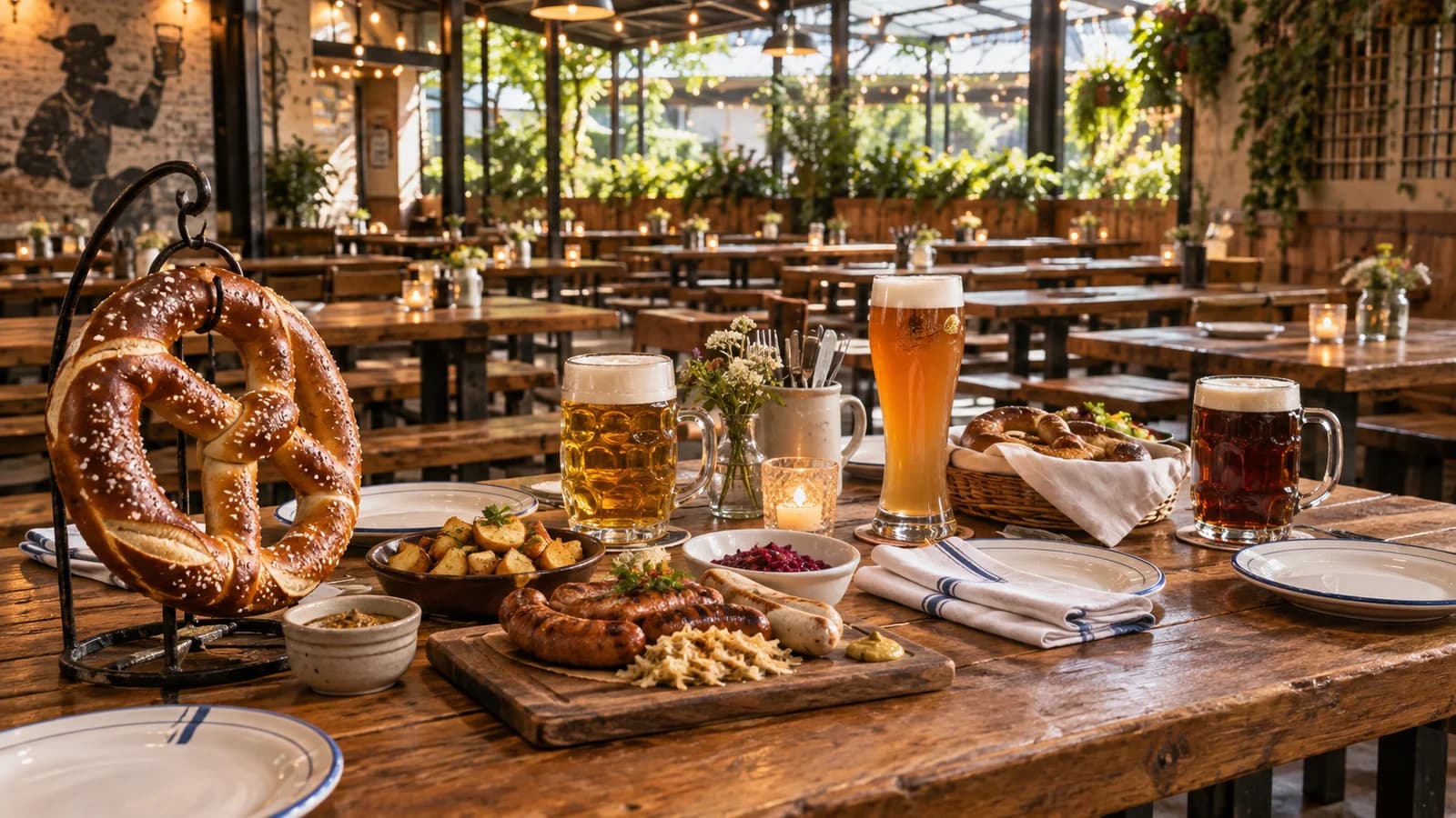Pretzels, sausages and beer glasses on a communal wooden table in a warm Brooklyn beer hall.