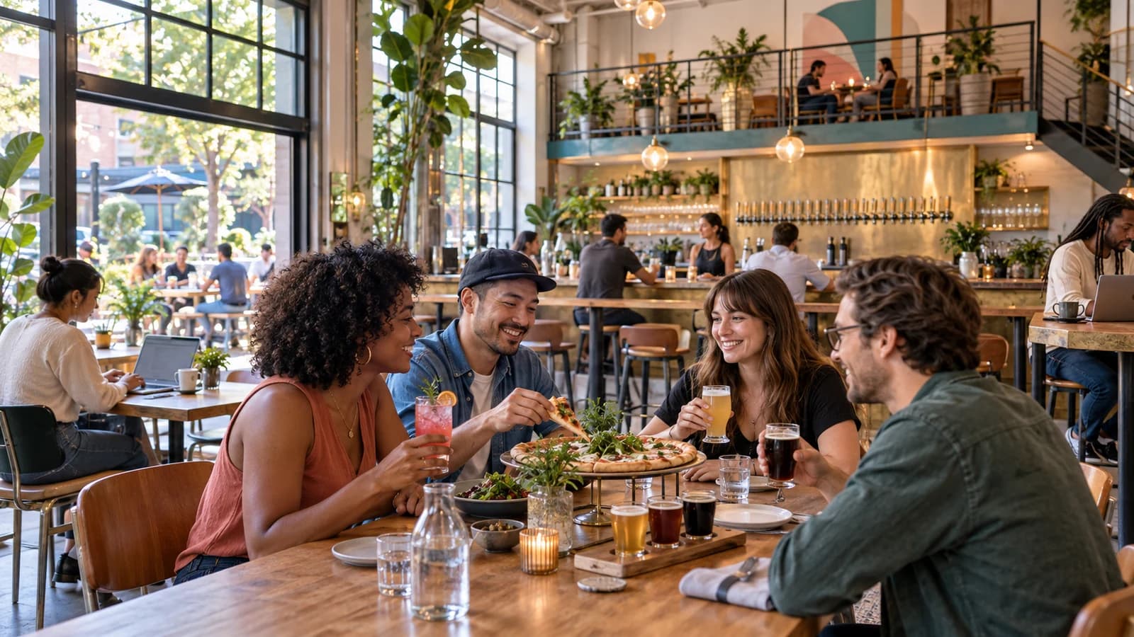 Original editorial scene of friends choosing food, a beer flight and nonalcoholic drinks in a bright Brooklyn taproom